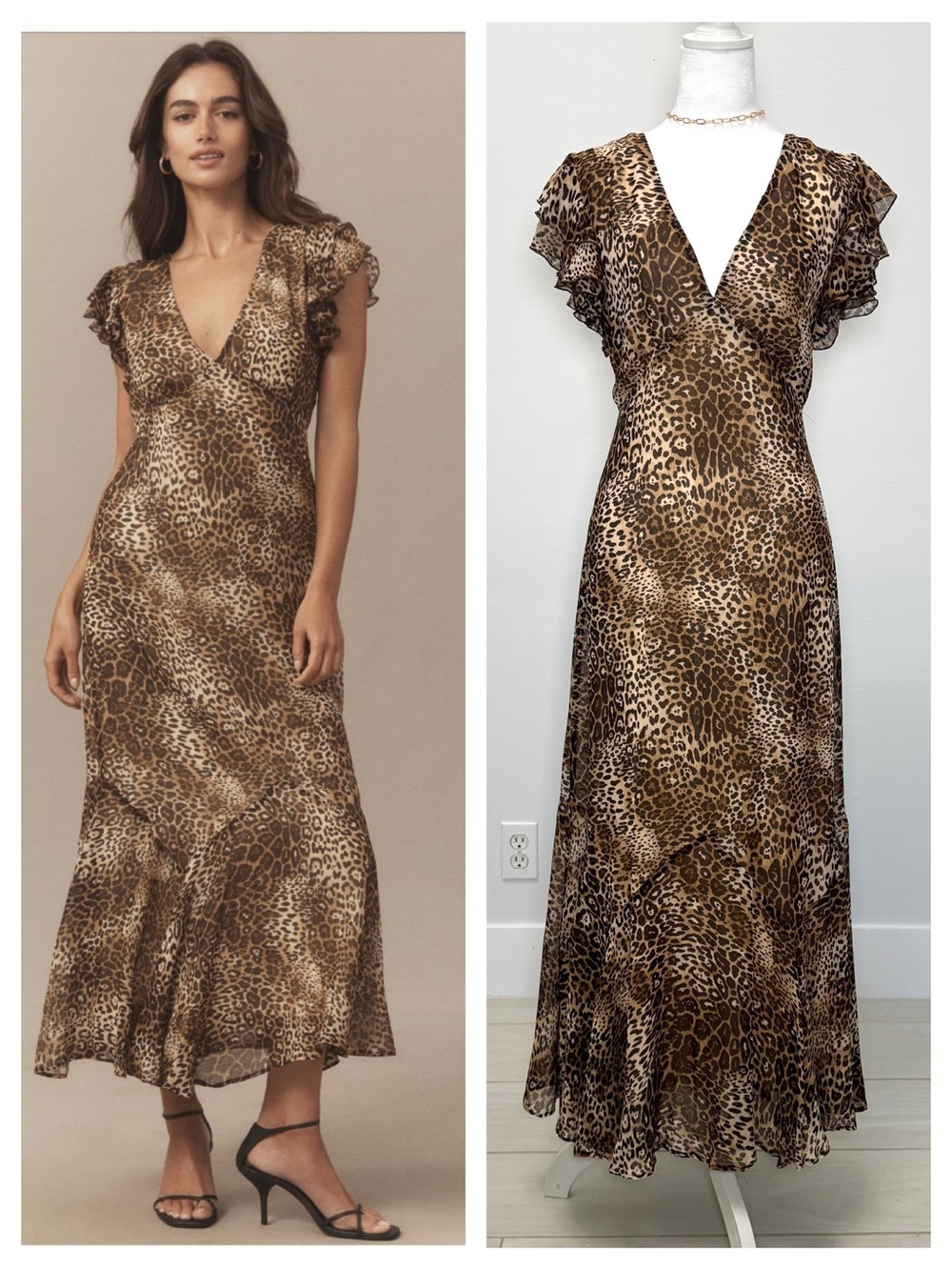 BHLDN x Anthropologie Flowy Glam Cheetah Flutter Sleeve Maxi Dress NWT 8 Wedding